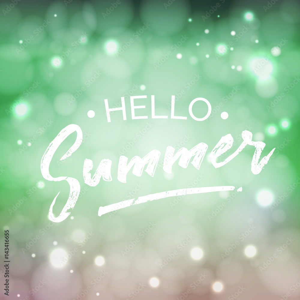 Hello Summer lettering design element. Housewarming hand written quote. Special summertime sale typography poster in green fresh colors. Vector illustration