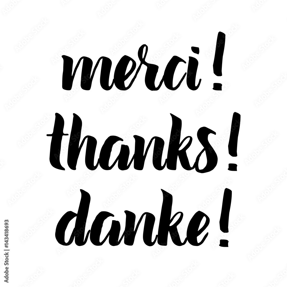 Obraz Dziękuję zdanie, ręcznie rysowane czarne litery, nakładka na zdjęcia w stylu vintage. Dzięki, merci, danke po angielsku, francusku, niemiecku. Nowoczesna pędzelkowa kaligrafia dla karty z pozdrowieniami, koszulki, nadruków i plakatów