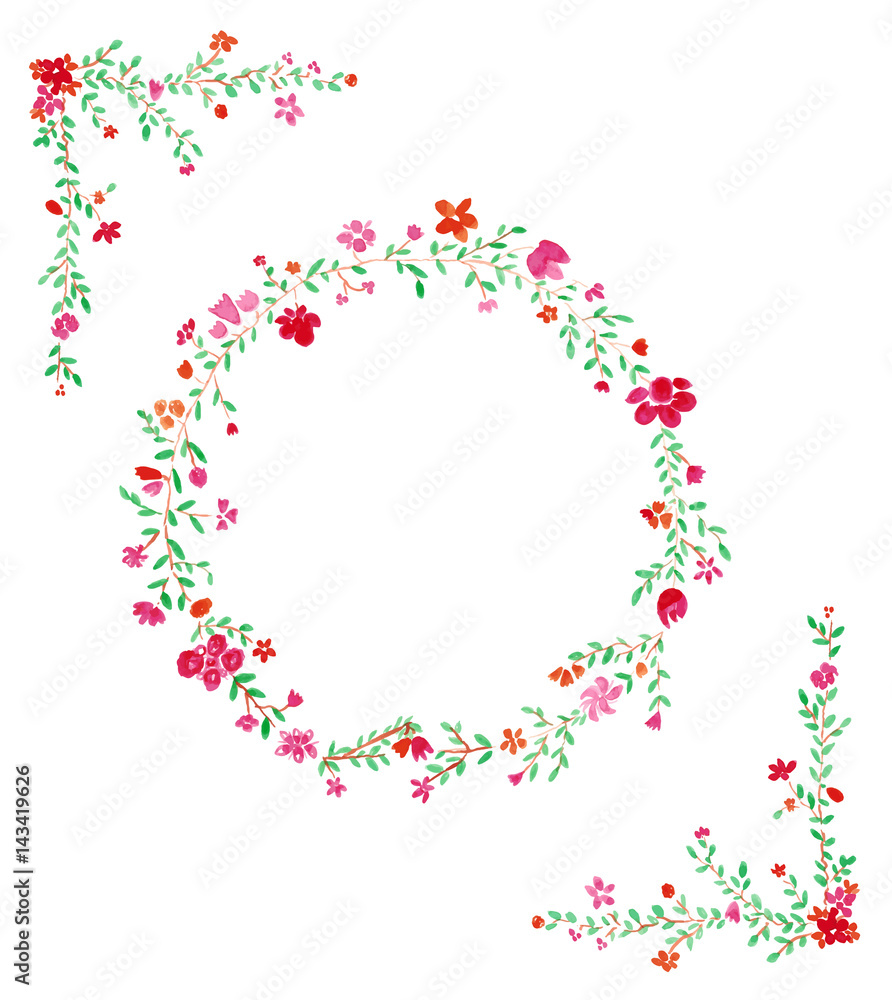 Watercolor decorative floral elements, corners and circle isolated on white background.