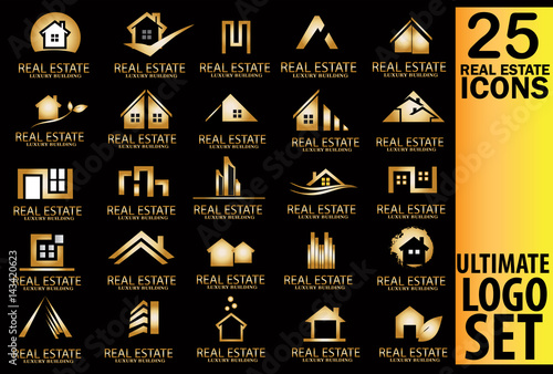 Real estate gold logo set