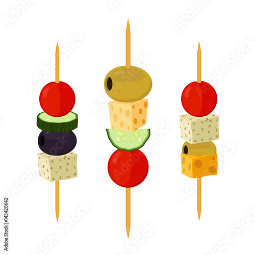 Canapes, tapas in flat style. Buffet, restaurant food, appetizer, snack.
