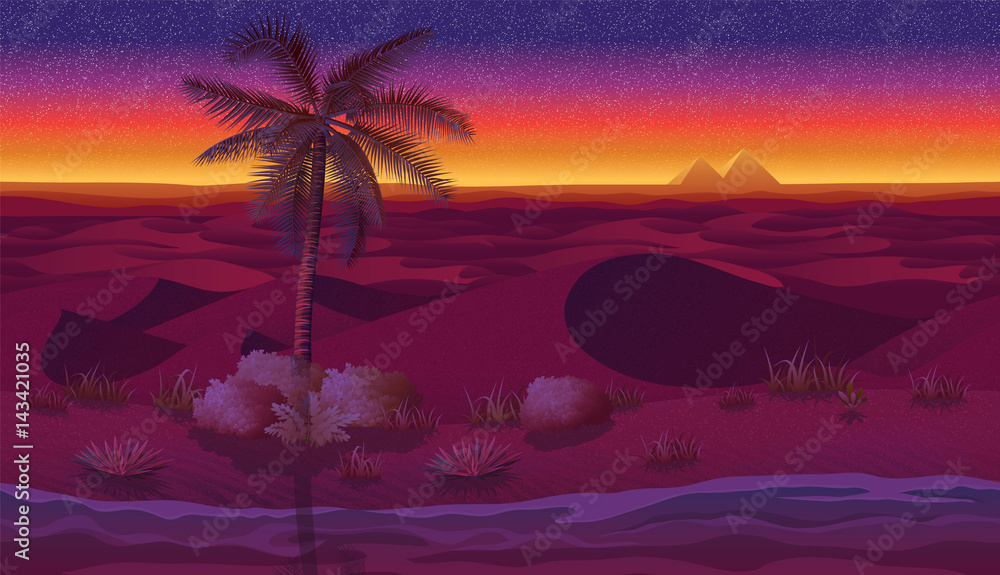 Horizontal seamless background with desert, palms and dry grass.