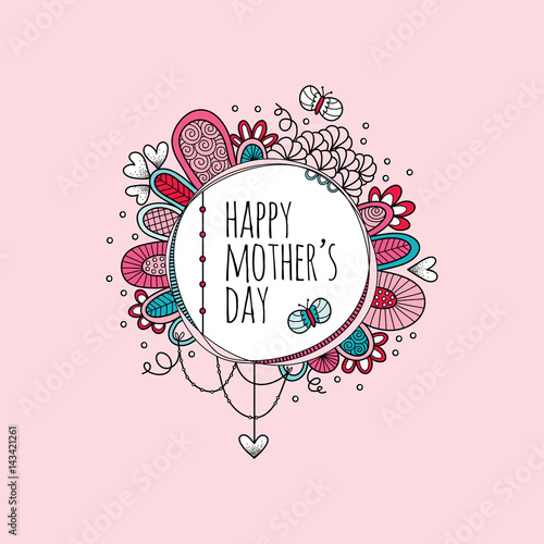 Happy Mother's Day in a Circle with hearts, butterflies and doodles vector illustration on a pink background.