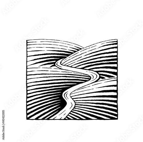 Vectorized Ink Sketch of Hills and River