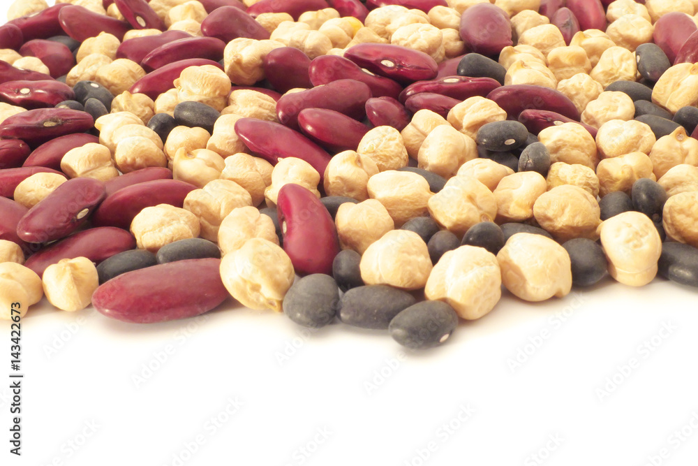Mixed beans on white background - chickpea, kidney bean, and black bean Mixed beans on white background - chickpea, kidney bean, and black bean