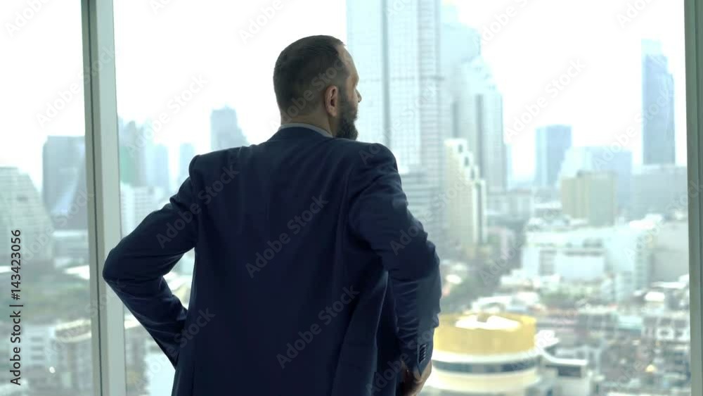 Successful businessman admire view from the hotel window, 4K
Successful businessman admire view from the hotel window, 4K