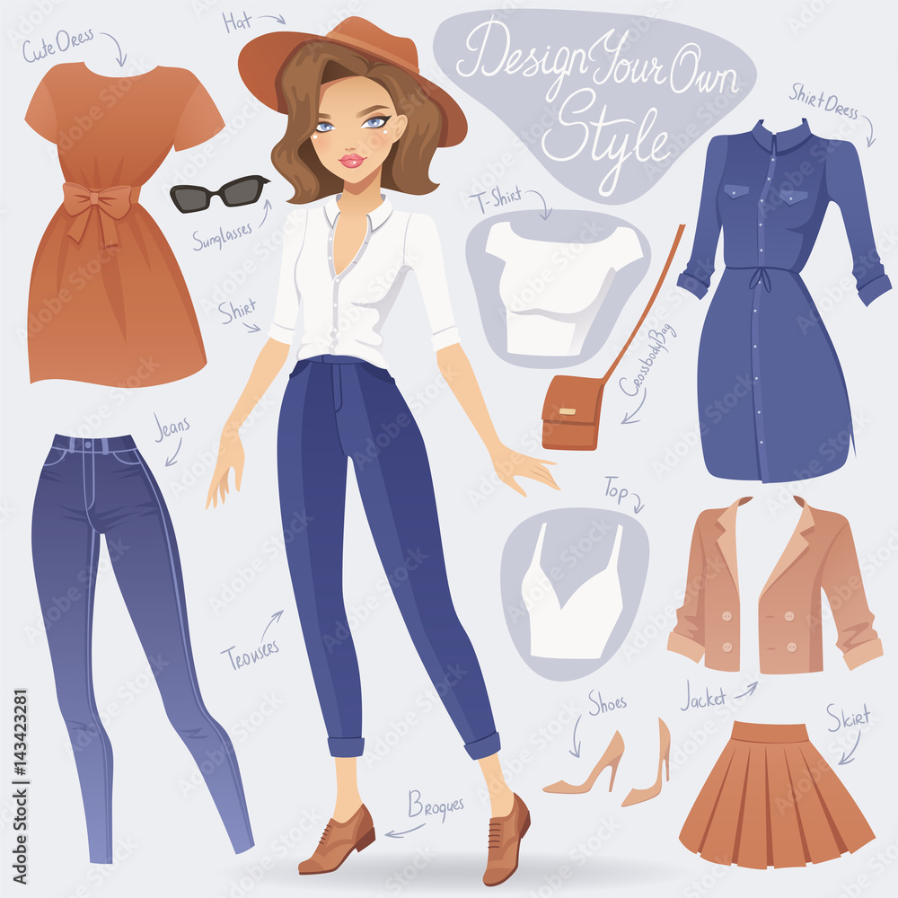 Cartoon dress up fashion girl character. Vector female illustration. Stock Vector | Adobe Stock Cartoon dress up fashion girl character. Vector female illustration. Stock Vector | Adobe Stock