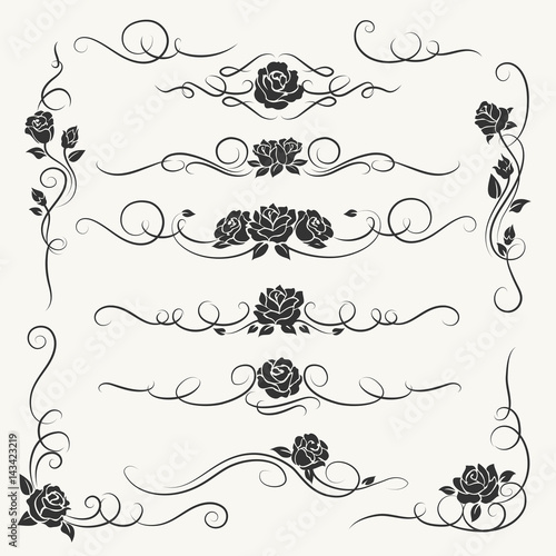 Flourish roses ornament vector illustration. Ornamental rose flowers and vines decorative ornaments for floral wedding decor isolated on white