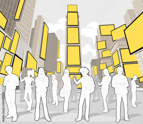 Group of people in the city with smart phones
