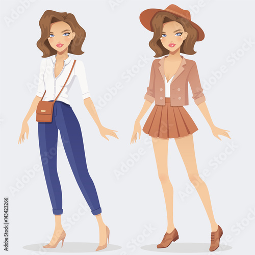 Cartoon fashion girl character wearing two casual outfits. 