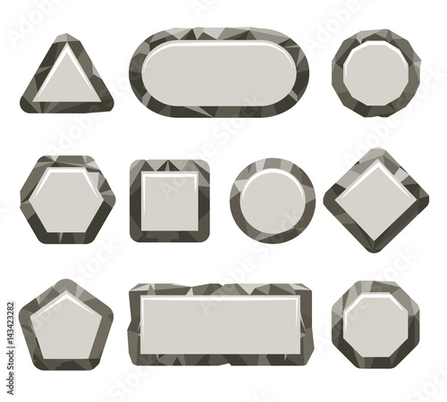 Cartoon stone buttons isolated on white background. Indie game grey rock button set vector illustration