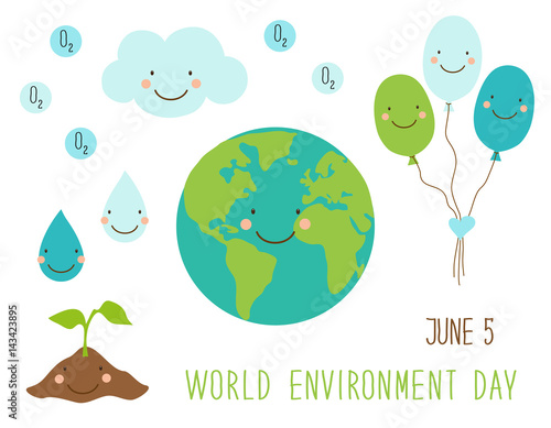 Cute hand drawn World Environment Day card with smiling character of the planet Earth
