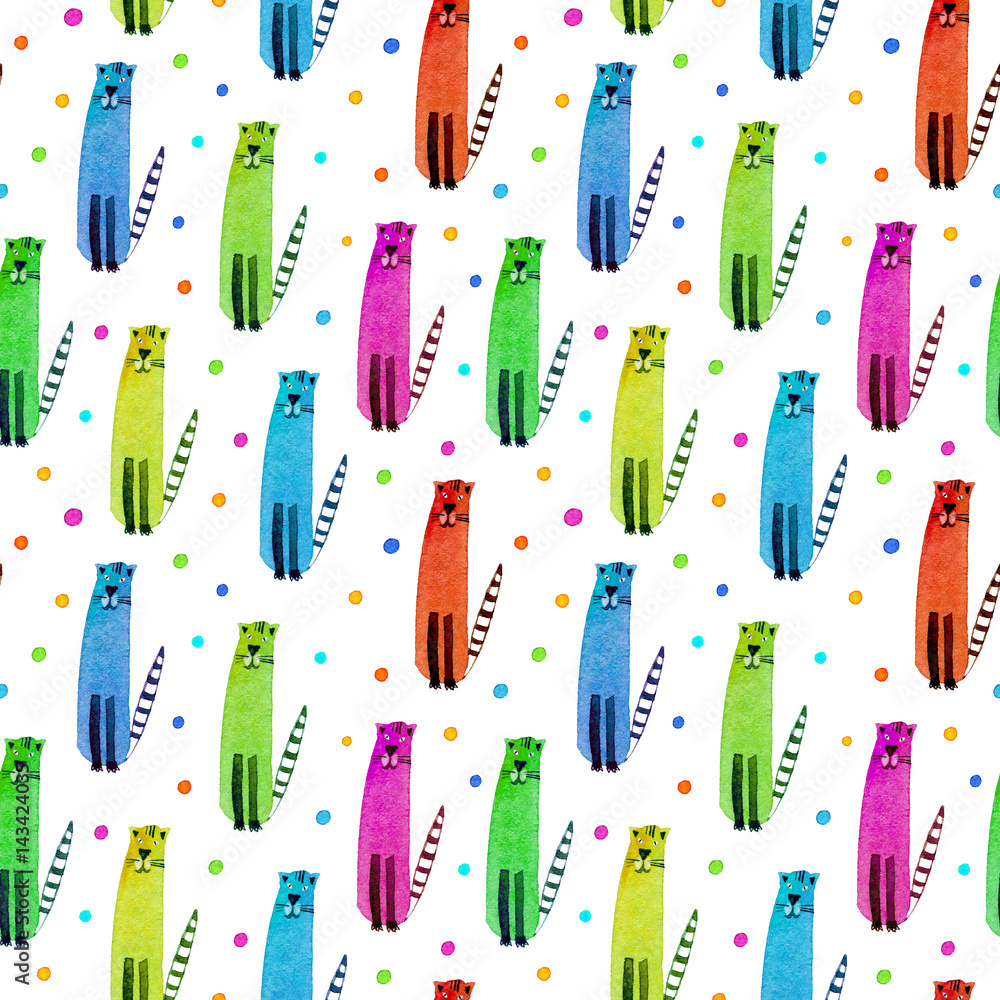 Seamless pattern of a funny cat and balls. Watercolor hand drawn illustration. Colorful kitty texture.White background.