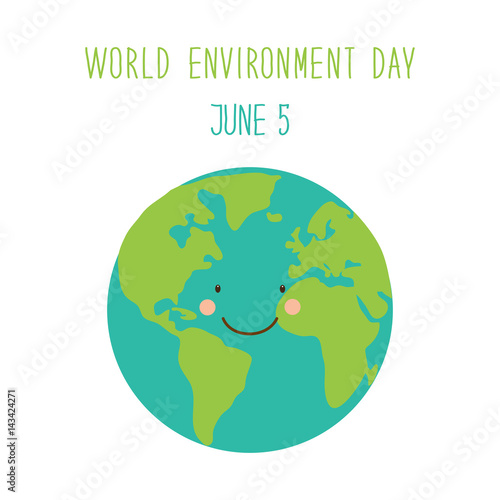 Cute hand drawn World Environment Day card with smiling character of the planet Earth