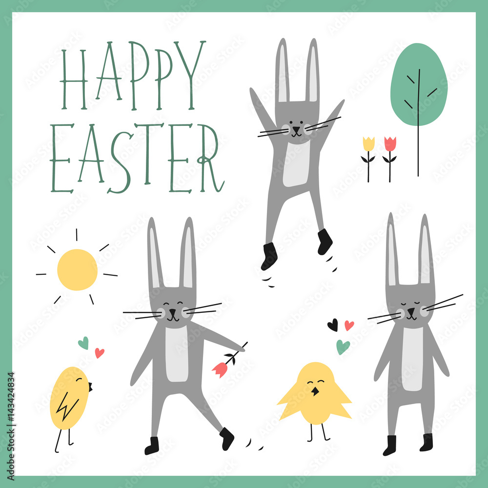 Happy easter vector set. Bunny, rabbit, chick, tree, flower, sun, heart, lettering phrase. Spring forest elements for design. Cartoon colorful flat illustration. Isolated on white background
