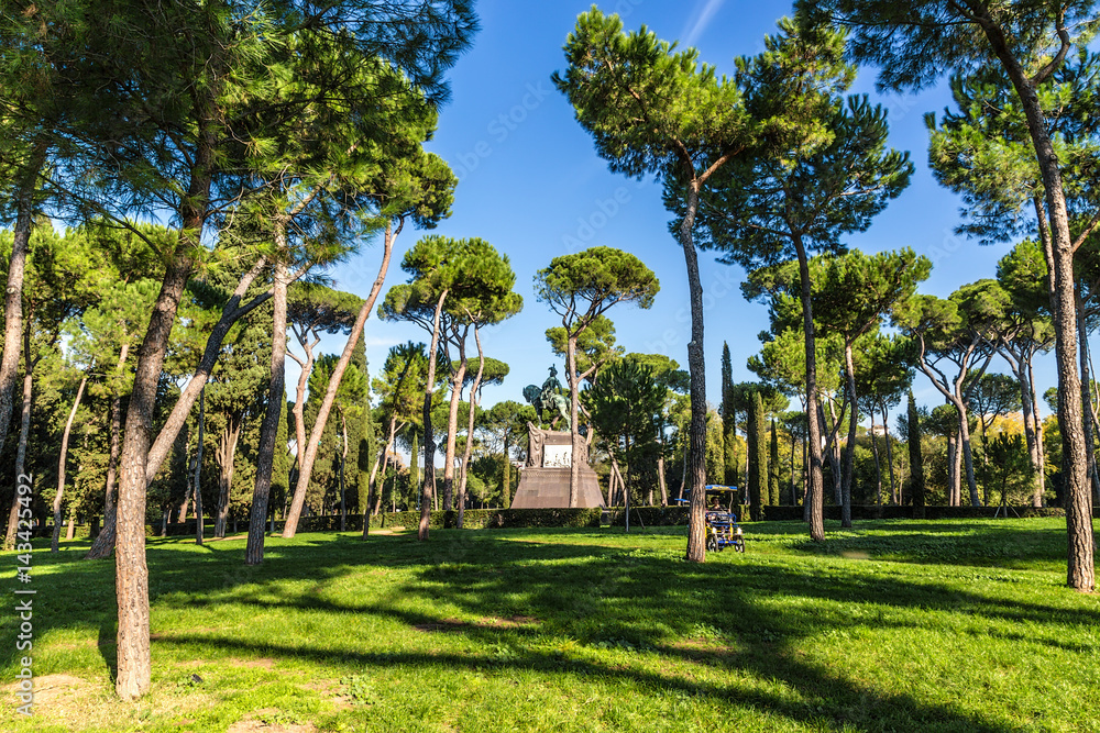 Rome, Italy. Villa Borghese: a monument to King Umberto I in a picturesque park.