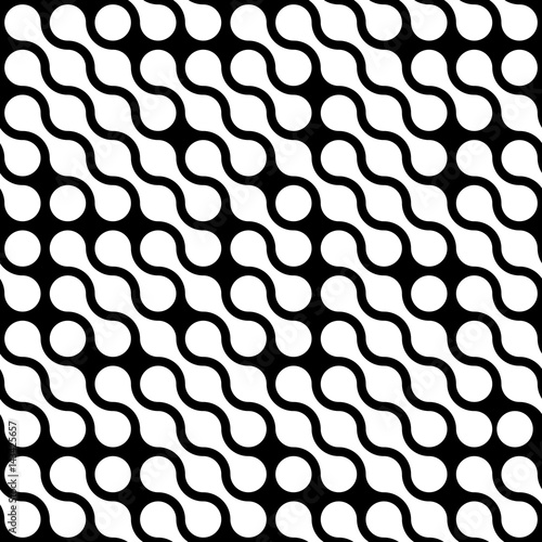 Abstract background of white connected dots in diagonal arrangement on black background. Molecule theme wallpaper. Seamless pattern vector illustration.