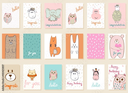 Collection of cute artistic cards for kids. Funny animals in vector. photo