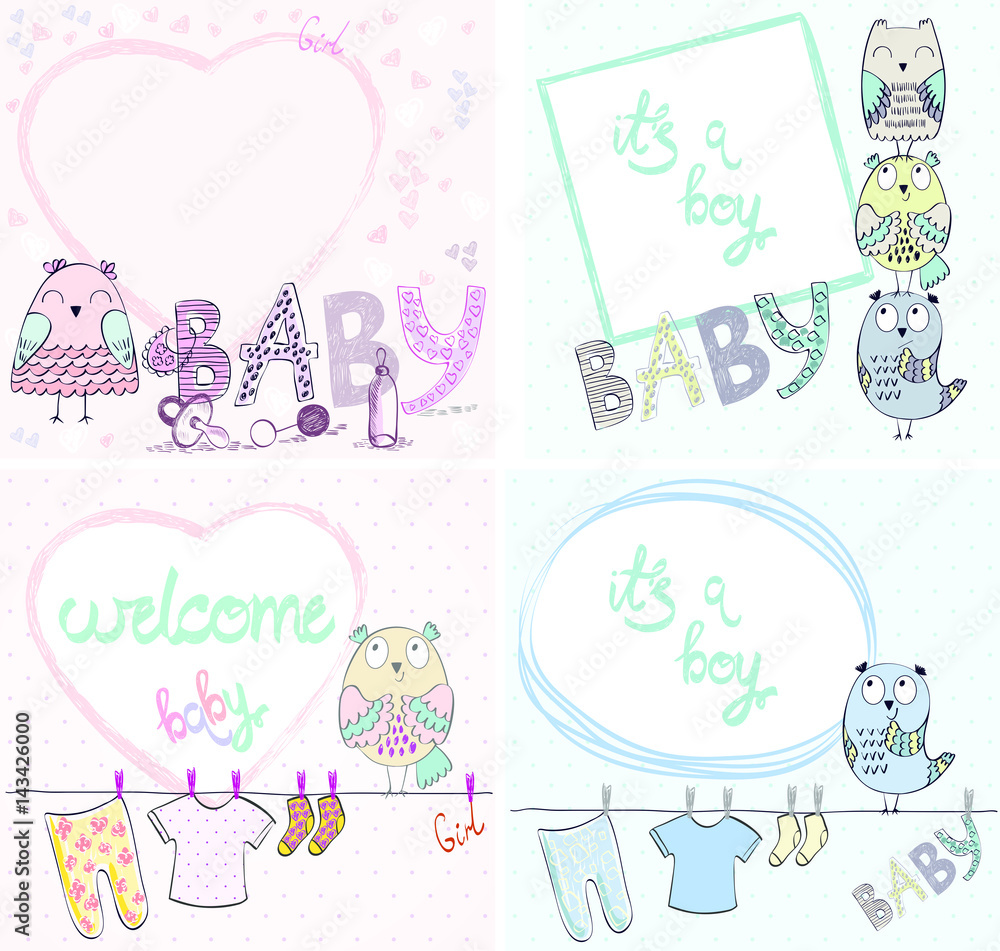 Cute hand drawn iilustration with cartoon owls Cute hand drawn iilustration with cartoon owls