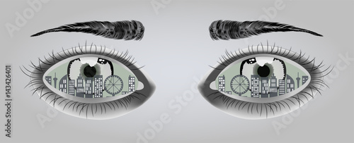 Two eyes that are condensed in the city landscape, dark illustration