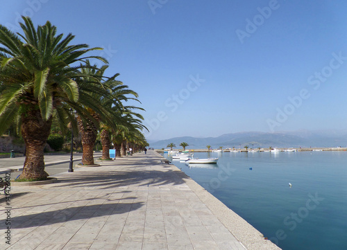 Beautiful Promenade in Morning Sunshine on the Waterfront of Nafplio, Greece