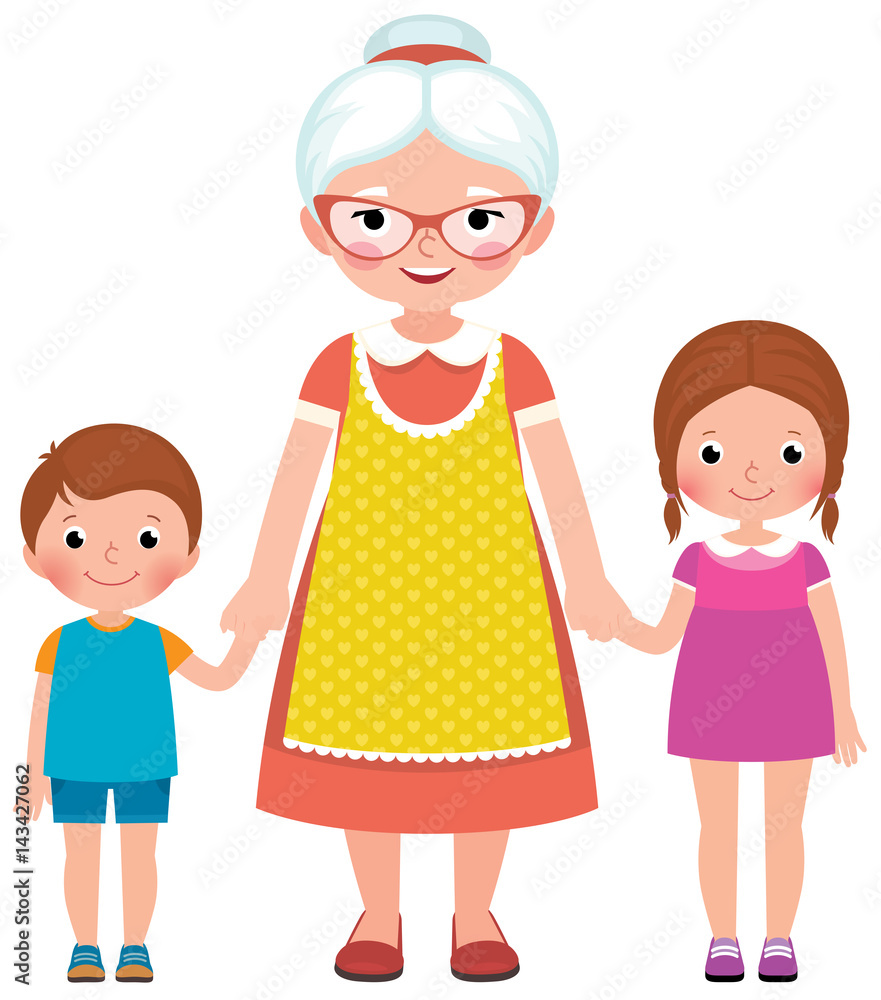 Grandmother with glasses and an apron holding the hands of their young grandchildren boy and girl Grandmother with glasses and an apron holding the hands of their young grandchildren boy and girl