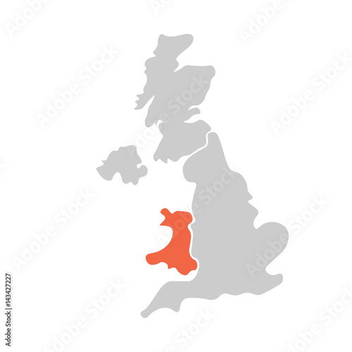 Simplified hand-drawn blank map of United Kingdom of Great Britain and Northern Ireland, UK. Divided to four countries with Wales red highlighted. Simple flat vector illustration.