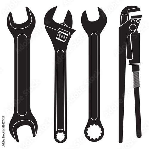 Set of wrenches. Collection of black icons