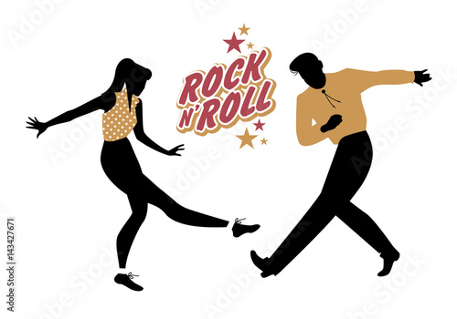 Young couple wearing 50's clothes dancing rock and roll. Vector Illustration