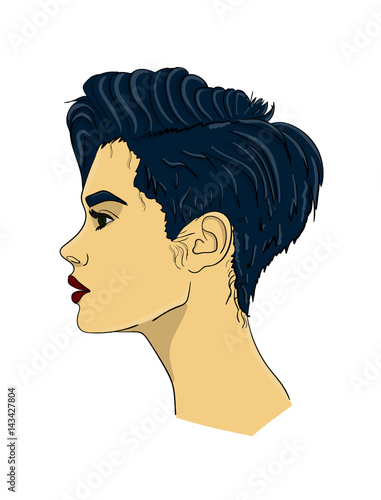 A woman with bluish blue hair in profile. The hair is lacquered eps 10 illustration