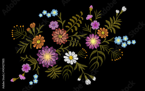Pattern of flovers on a black background. Imitation embroidery.