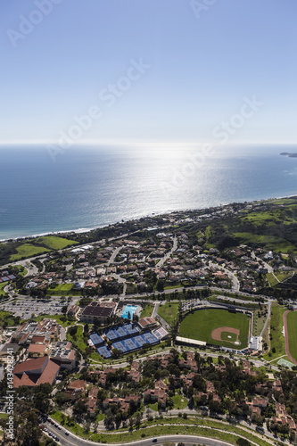 Aerial view of homes, streets and ball fields in Malibu, California. 