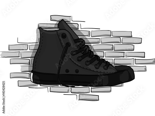 Drak gray sneakers on a background of a gray brick wall eps 10 illustration
