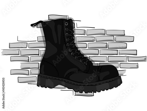 Gray boots on a rough soles on a lacing against a background of a gray brick wall eps 10 illustration