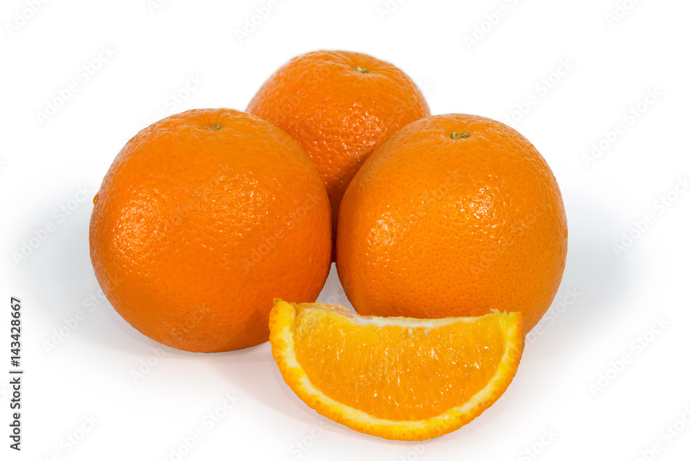 Three oranges and slice isolated Three oranges and slice isolated