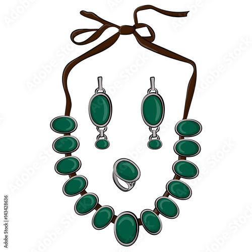Set of jewelry made of silver. Earrings and necklaces are decorated with green precious stones. Necklace on the ribbon eps 10 illustration