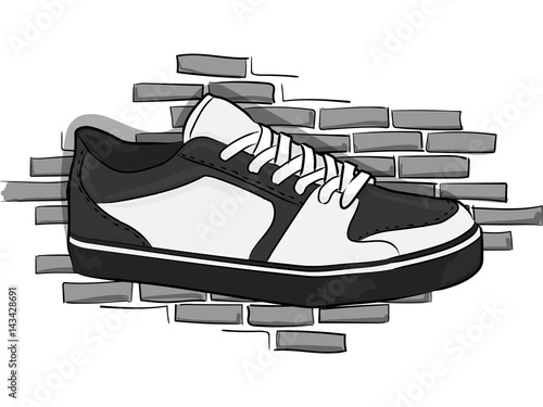 Sneakers for skateboarding white-gray on lacing on a background of pale gray brick wall eps 10 illustration