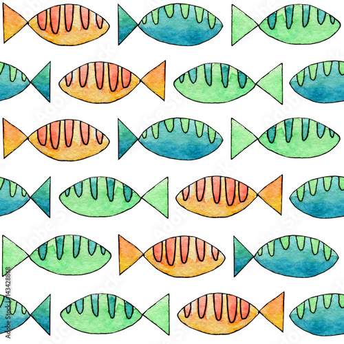 Hand drawn abstract watercolor and ink fish pattern on the white background