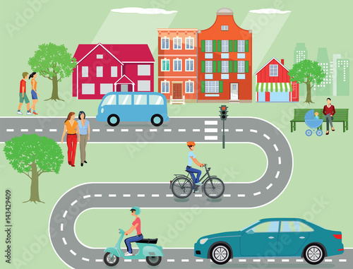 Gemeinde mit Straßenverkehr und Personen