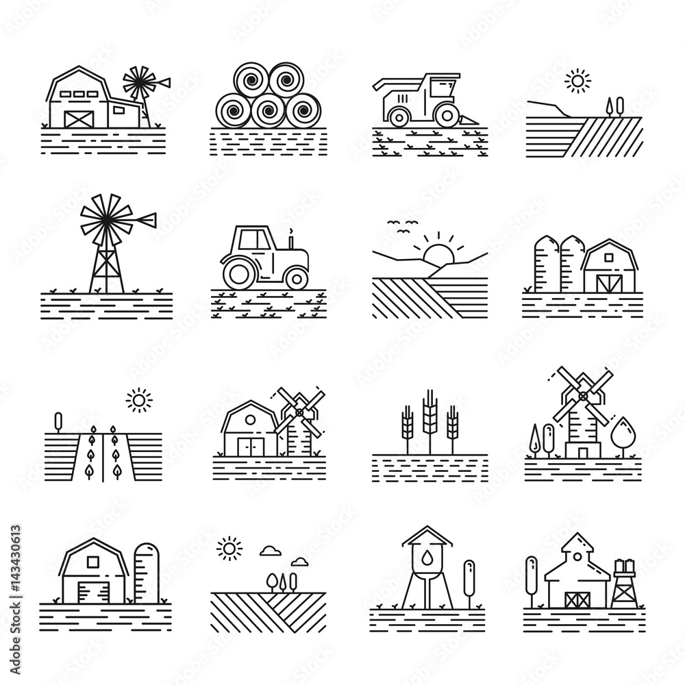 Farming icons in a thin linear style