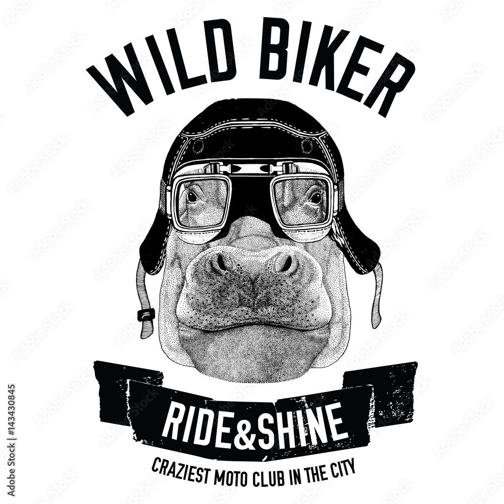 Vintage images of Hippo for t-shirt design for motorcycle, bike, motorbike,  scooter club, ilustración de Stock | Adobe Stock