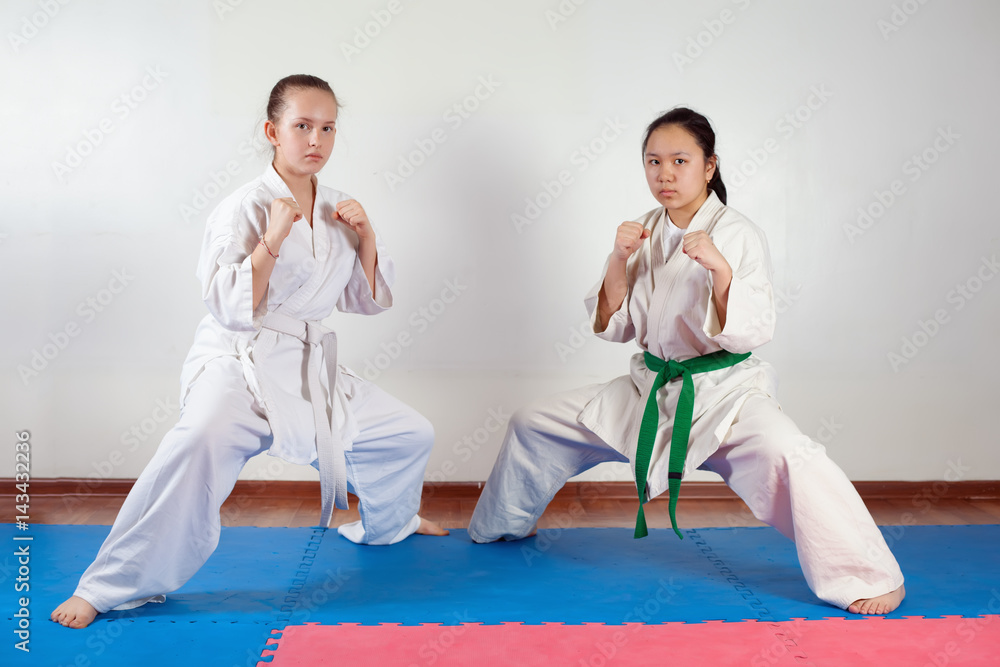 Two girls demonstrate martial arts working together