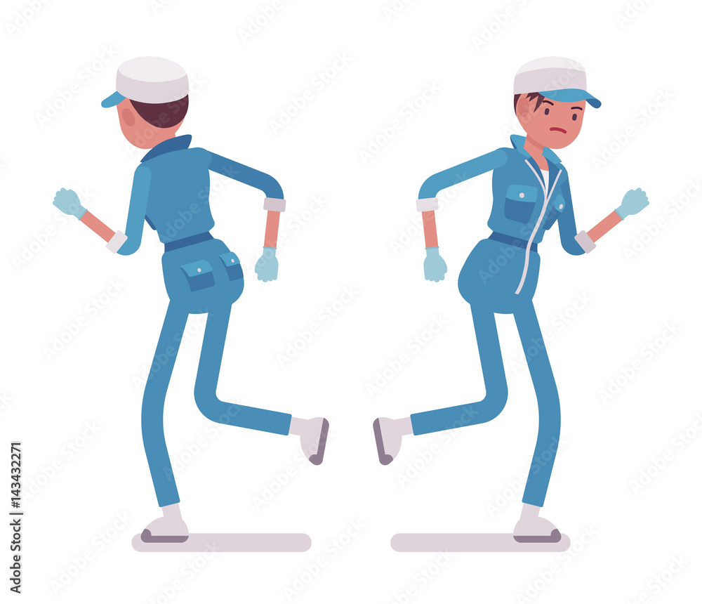Female janitor running, rear and front view