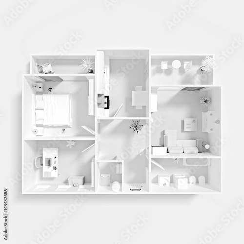 3d rendering of white furnished model of home apartment