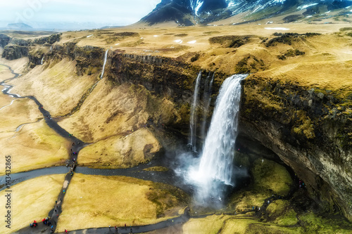 Aerial view of famous Seljalandsfoss is one of the most beautiful waterfalls on the Iceland. It is located on the South of the island.