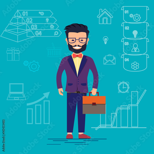 Businessman in suit. Business concept with icons. Cartoon Handsome successful man dressed in suit. Flat design vector illustration isolated on color background photo