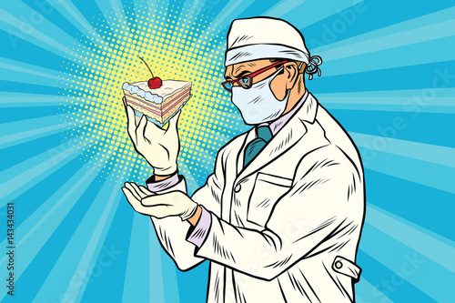 Laboratory scientist analyzes a piece of cake