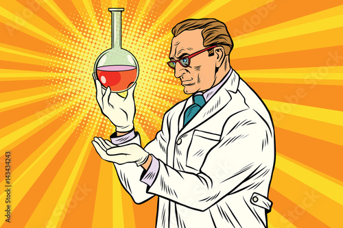 Scientist chemist analyzes laboratory flask