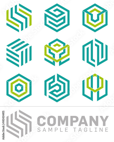 Abstract Hexagon Logo Design Elements. Set of nine abstract hexagon shaped vector symbols