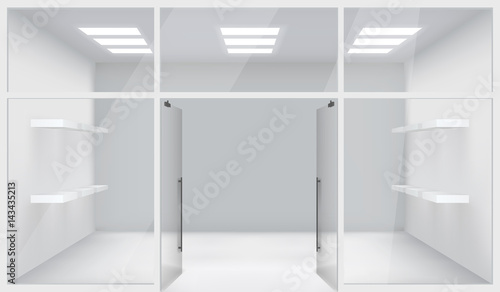 Front Store Shop 3d Realistic Space Open Doors Shelves Template Mockup Background Vector Illustration